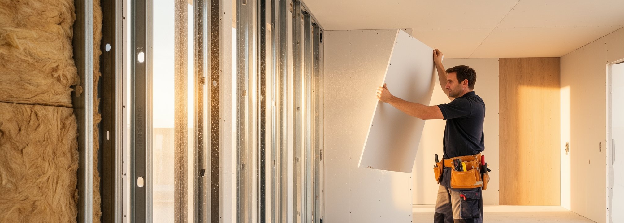 Handwerker bei der Trockenbau-Arbeit mit weißer Gipsplatte an einer Metallständerwand