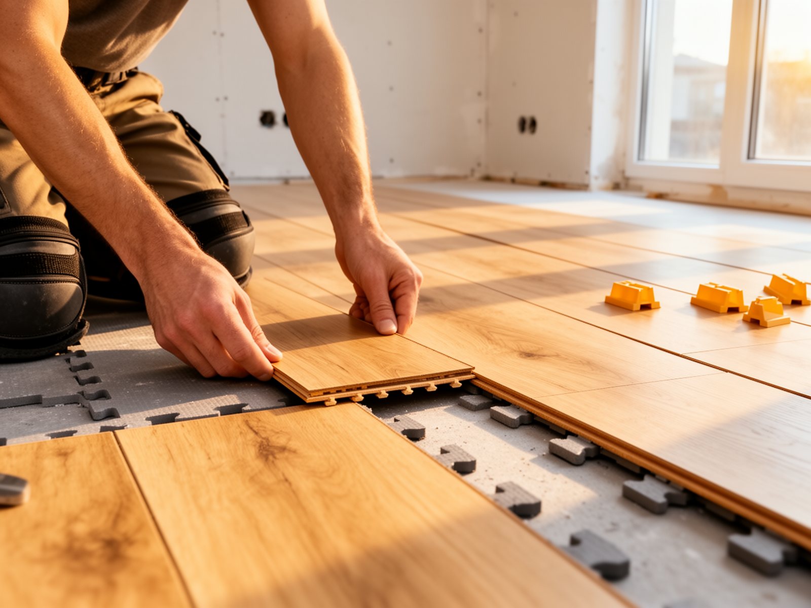 Bodenleger verlegt hellen Laminatboden mit Klicksystem