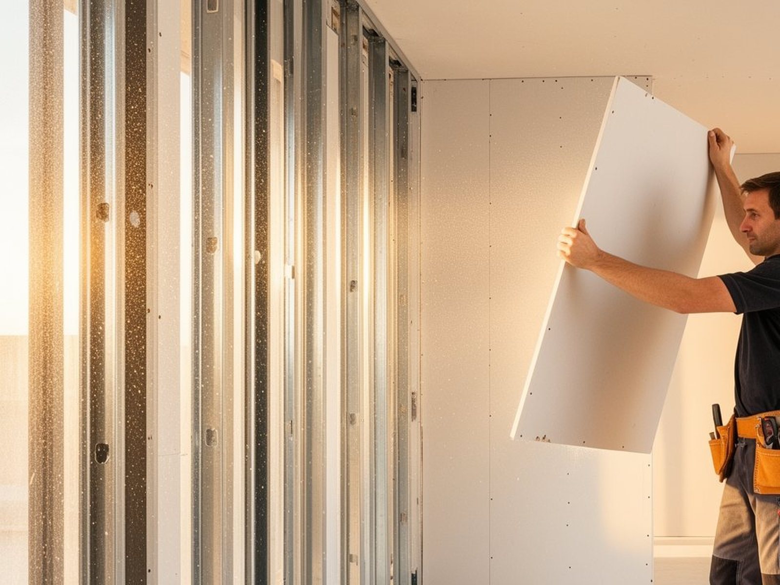 Renovierter heller Innenraum im Bauzustand mit frischem Trockenbau