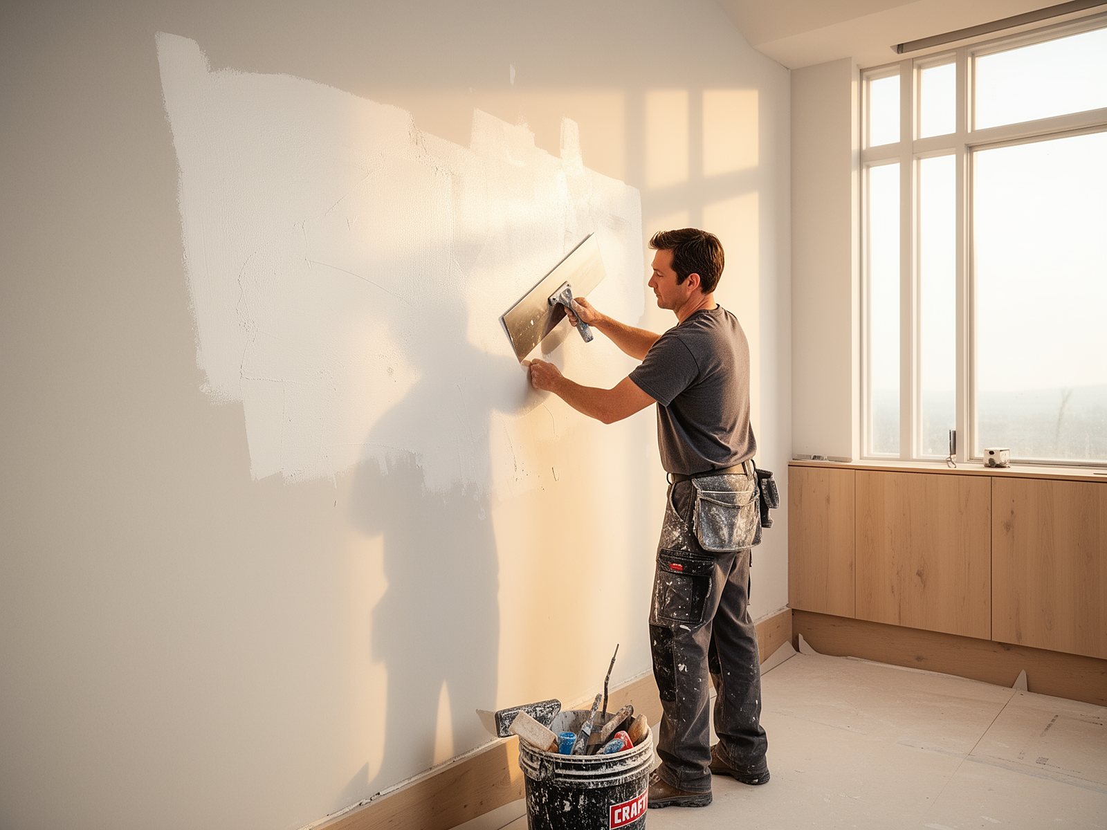 Handwerker glättet weißen Spachtel auf einer Wand mit breitem Edelstahlspachtel