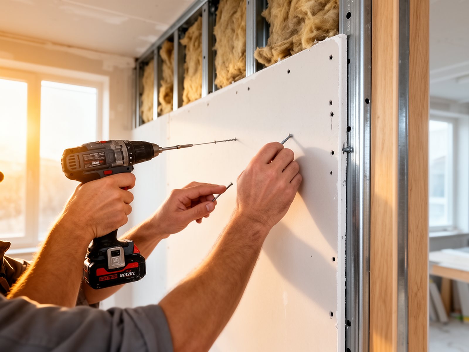 Handwerker verschraubt eine weiße Gipsplatte auf einer Metallständerwand